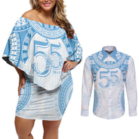Bula Fiji Day 55th Anniversary Masi Tapa Couples Matching Off Shoulder Short Dress and Long Sleeve Button Shirt Emerald Jubilee - Turquoise LT7 Turquoise - Polynesian Pride