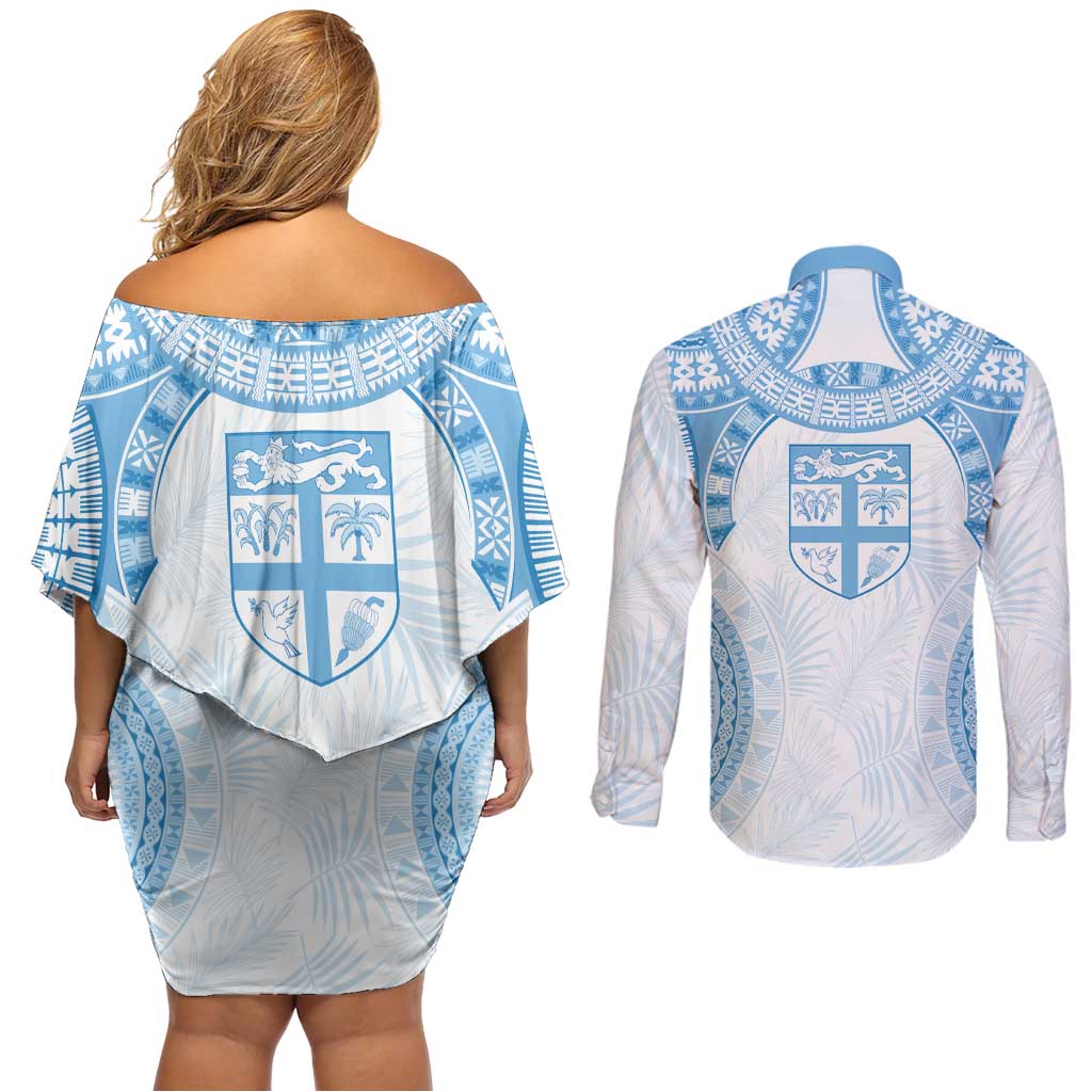 Bula Fiji Day 55th Anniversary Masi Tapa Couples Matching Off Shoulder Short Dress and Long Sleeve Button Shirt Emerald Jubilee - Turquoise LT7 - Polynesian Pride
