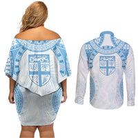 Bula Fiji Day 55th Anniversary Masi Tapa Couples Matching Off Shoulder Short Dress and Long Sleeve Button Shirt Emerald Jubilee - Turquoise LT7 - Polynesian Pride