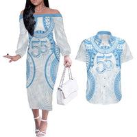 Bula Fiji Day 55th Anniversary Masi Tapa Couples Matching Off The Shoulder Long Sleeve Dress and Hawaiian Shirt Emerald Jubilee - Turquoise LT7 Turquoise - Polynesian Pride