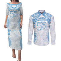 Bula Fiji Day 55th Anniversary Masi Tapa Couples Matching Puletasi and Long Sleeve Button Shirt Emerald Jubilee - Turquoise LT7 Turquoise - Polynesian Pride