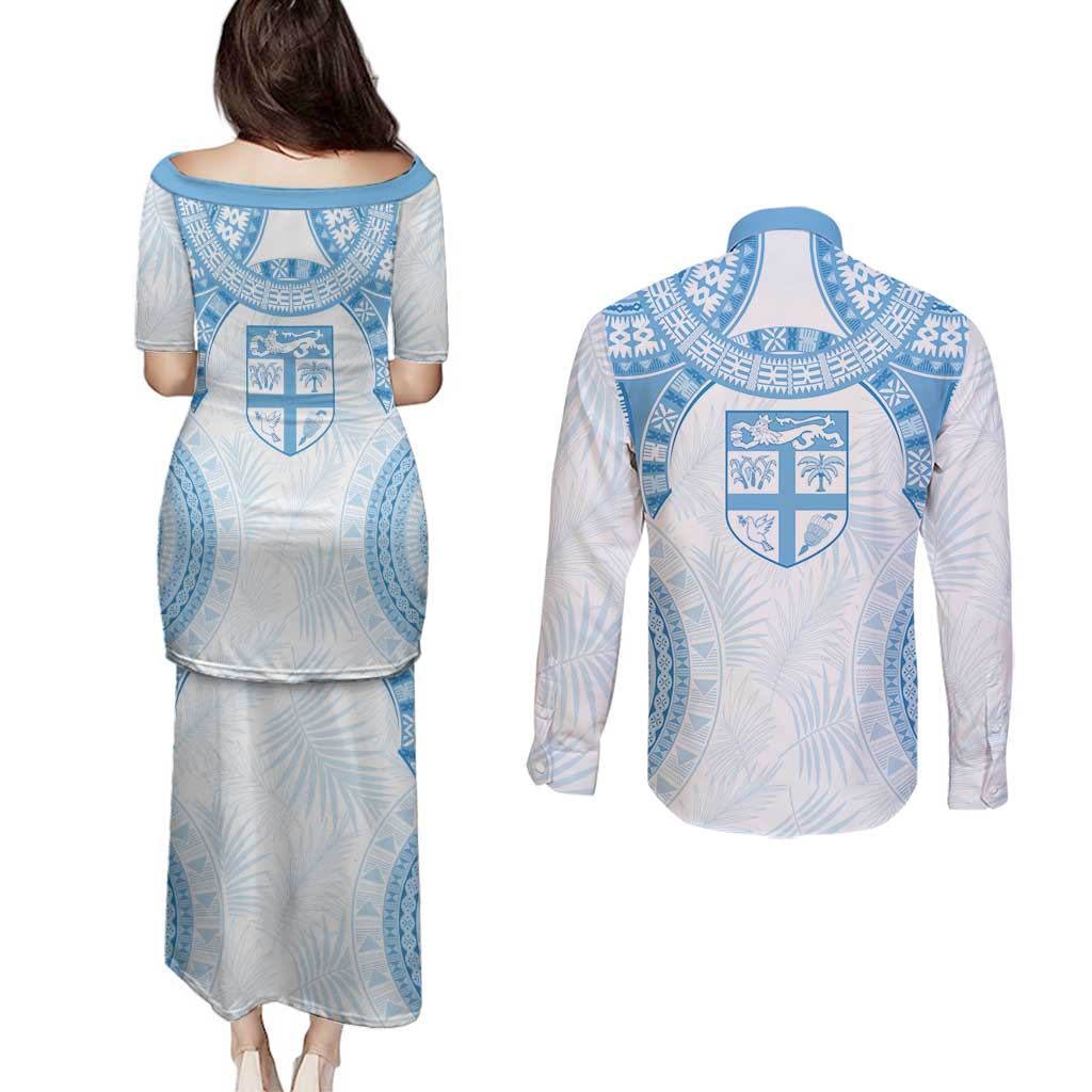 Bula Fiji Day 55th Anniversary Masi Tapa Couples Matching Puletasi and Long Sleeve Button Shirt Emerald Jubilee - Turquoise LT7 - Polynesian Pride