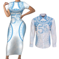 Bula Fiji Day 55th Anniversary Masi Tapa Couples Matching Short Sleeve Bodycon Dress and Long Sleeve Button Shirt Emerald Jubilee - Turquoise LT7 Turquoise - Polynesian Pride