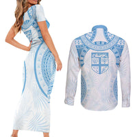 Bula Fiji Day 55th Anniversary Masi Tapa Couples Matching Short Sleeve Bodycon Dress and Long Sleeve Button Shirt Emerald Jubilee - Turquoise LT7 - Polynesian Pride