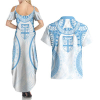 Bula Fiji Day 55th Anniversary Masi Tapa Couples Matching Summer Maxi Dress and Hawaiian Shirt Emerald Jubilee - Turquoise LT7 - Polynesian Pride