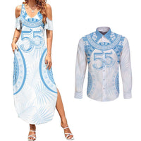 Bula Fiji Day 55th Anniversary Masi Tapa Couples Matching Summer Maxi Dress and Long Sleeve Button Shirt Emerald Jubilee - Turquoise LT7 Turquoise - Polynesian Pride