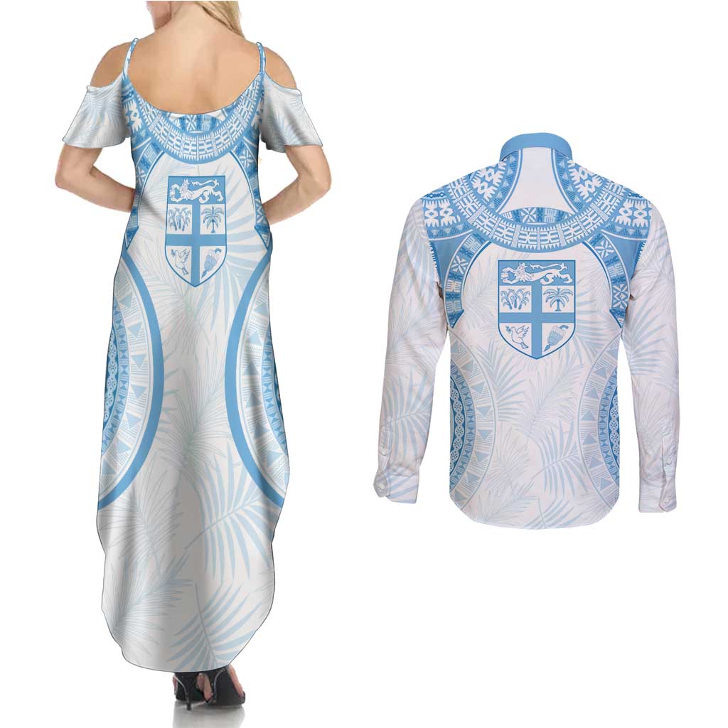 Bula Fiji Day 55th Anniversary Masi Tapa Couples Matching Summer Maxi Dress and Long Sleeve Button Shirt Emerald Jubilee - Turquoise LT7 - Polynesian Pride