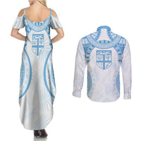 Bula Fiji Day 55th Anniversary Masi Tapa Couples Matching Summer Maxi Dress and Long Sleeve Button Shirt Emerald Jubilee - Turquoise LT7 - Polynesian Pride