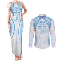 Bula Fiji Day 55th Anniversary Masi Tapa Couples Matching Tank Maxi Dress and Long Sleeve Button Shirt Emerald Jubilee - Turquoise LT7 Turquoise - Polynesian Pride