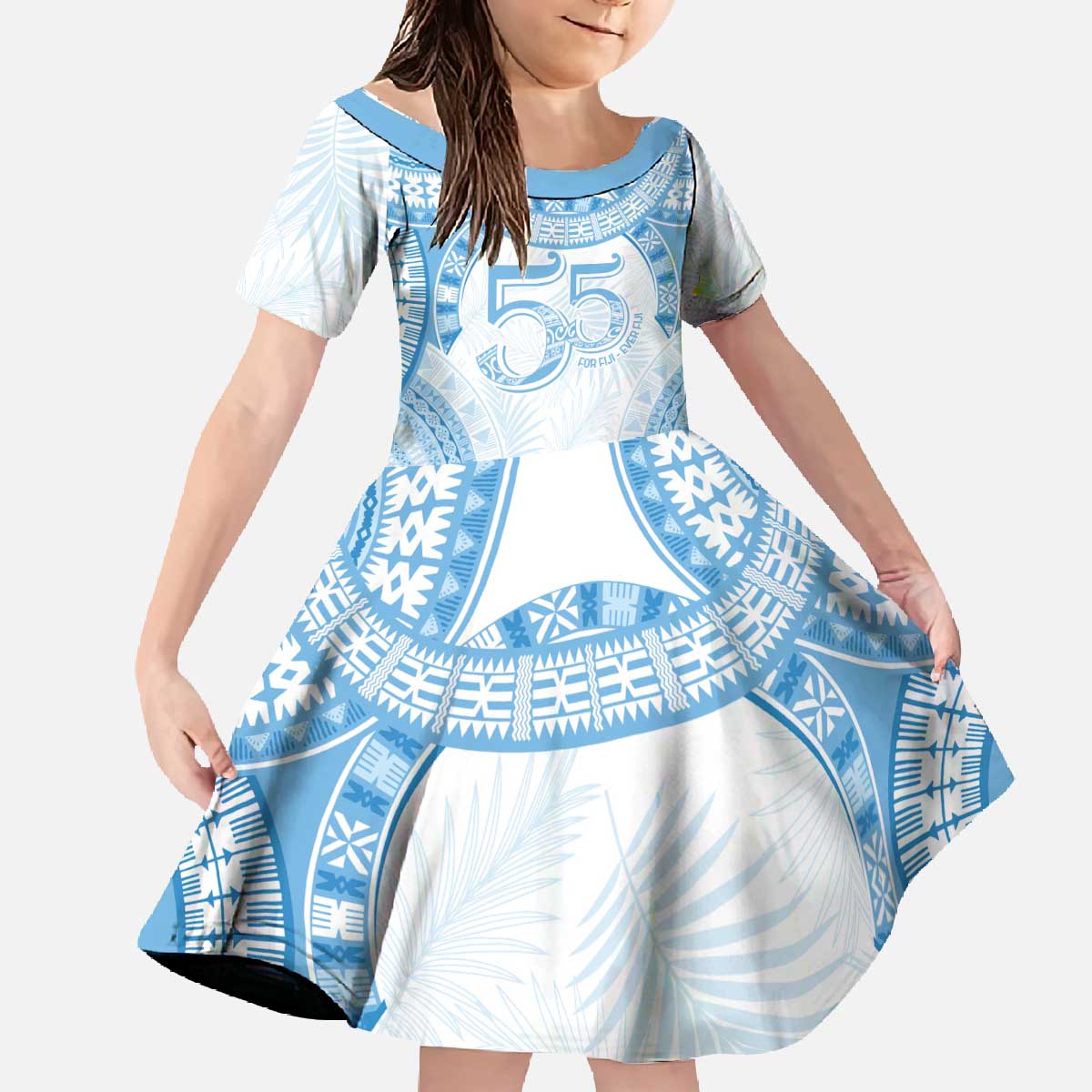 Bula Fiji Day 55th Anniversary Masi Tapa Family Matching Off The Shoulder Long Sleeve Dress and Hawaiian Shirt Emerald Jubilee - Turquoise LT7 Daughter's Dress Turquoise - Polynesian Pride