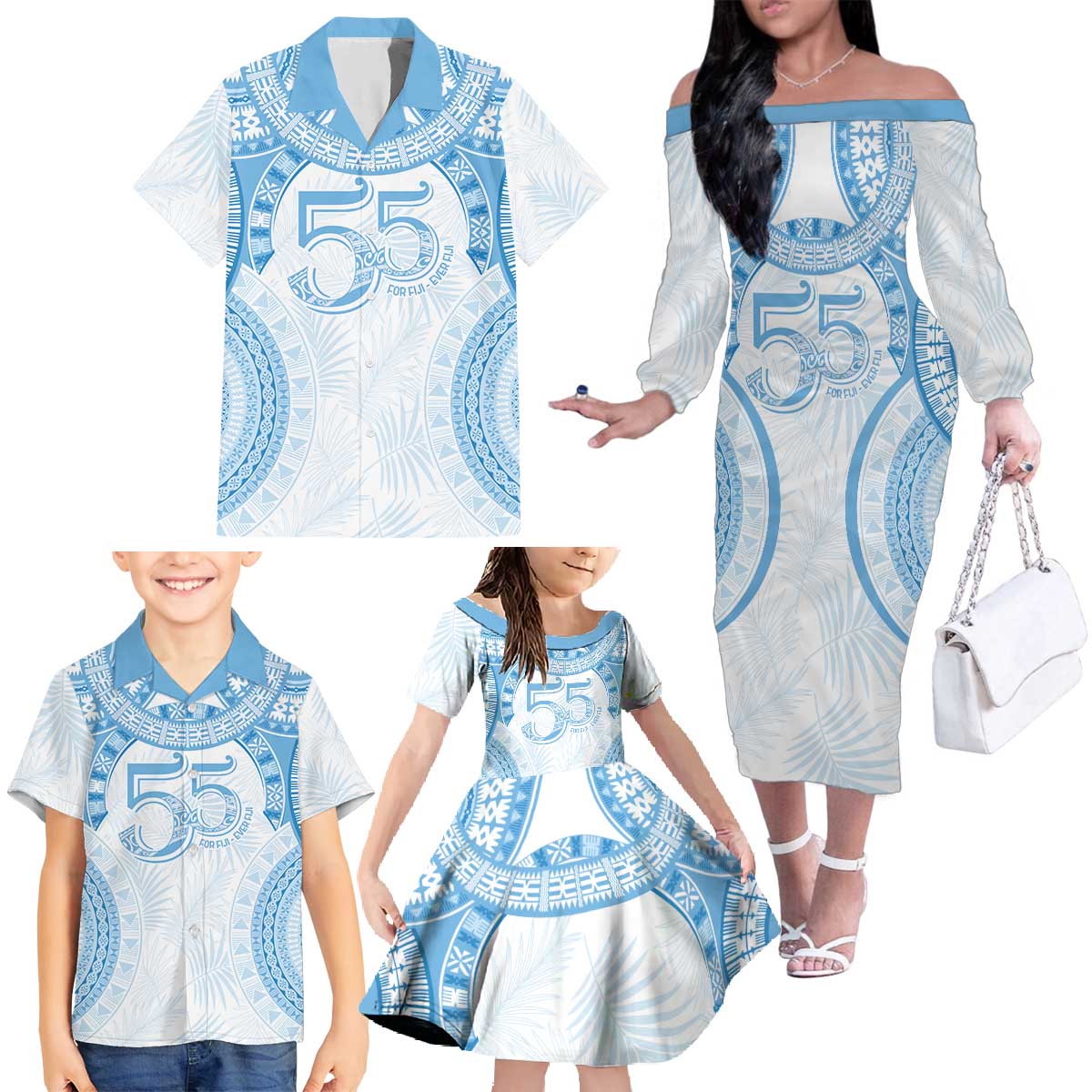 Bula Fiji Day 55th Anniversary Masi Tapa Family Matching Off The Shoulder Long Sleeve Dress and Hawaiian Shirt Emerald Jubilee - Turquoise LT7 - Polynesian Pride
