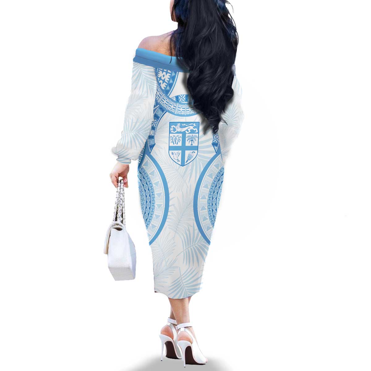 Bula Fiji Day 55th Anniversary Masi Tapa Family Matching Off The Shoulder Long Sleeve Dress and Hawaiian Shirt Emerald Jubilee - Turquoise LT7 - Polynesian Pride