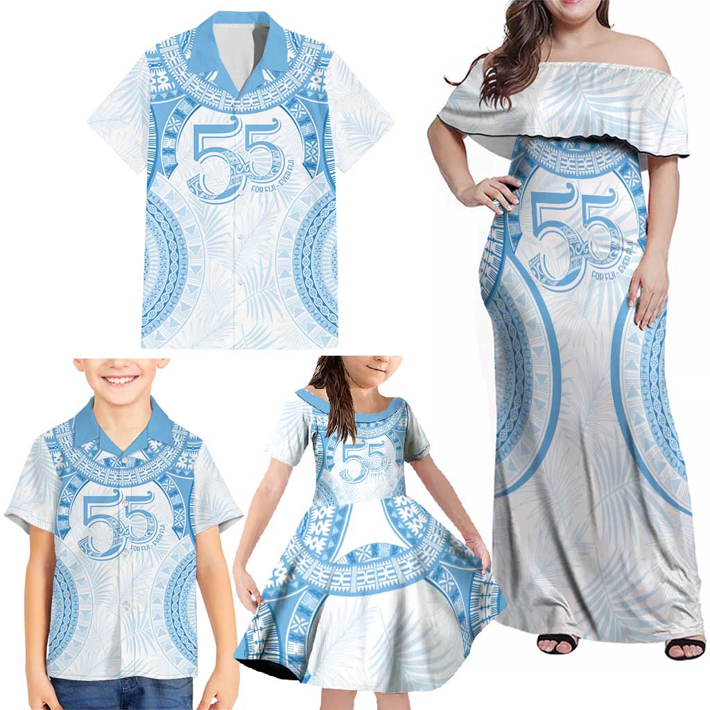 Bula Fiji Day 55th Anniversary Masi Tapa Family Matching Off Shoulder Maxi Dress and Hawaiian Shirt Emerald Jubilee - Turquoise LT7 - Polynesian Pride