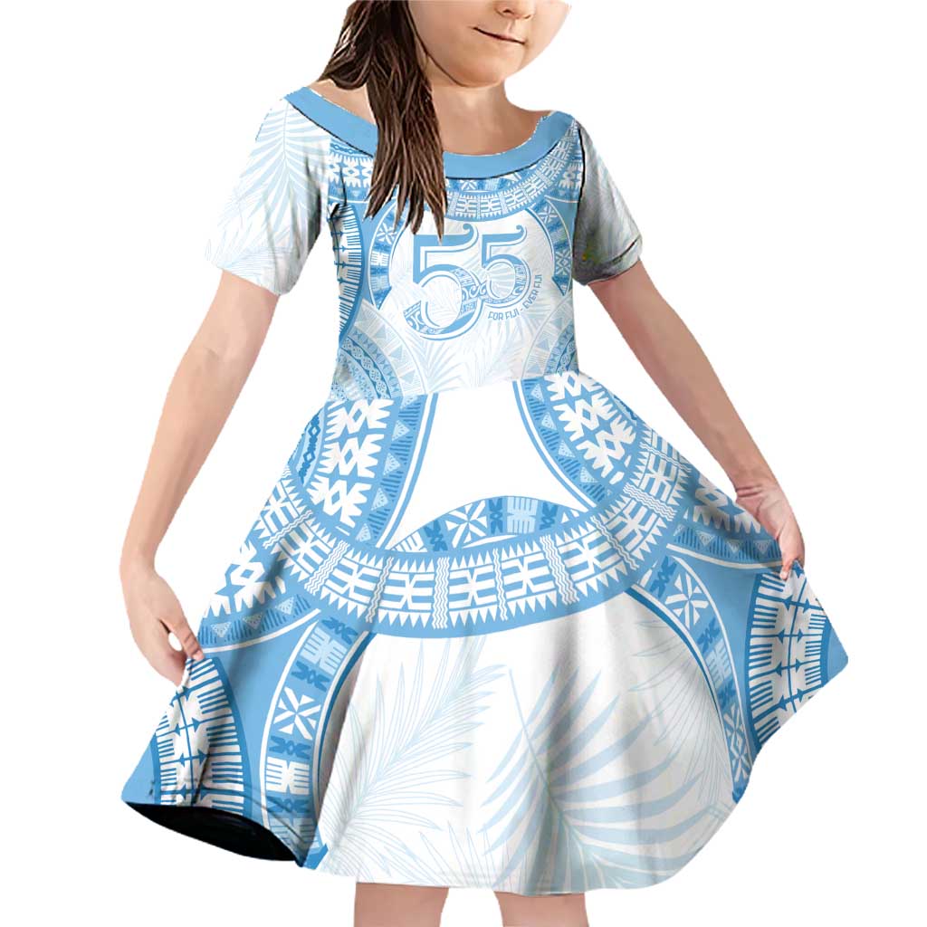 Bula Fiji Day 55th Anniversary Masi Tapa Family Matching Off Shoulder Short Dress and Hawaiian Shirt Emerald Jubilee - Turquoise LT7 Daughter's Dress Turquoise - Polynesian Pride