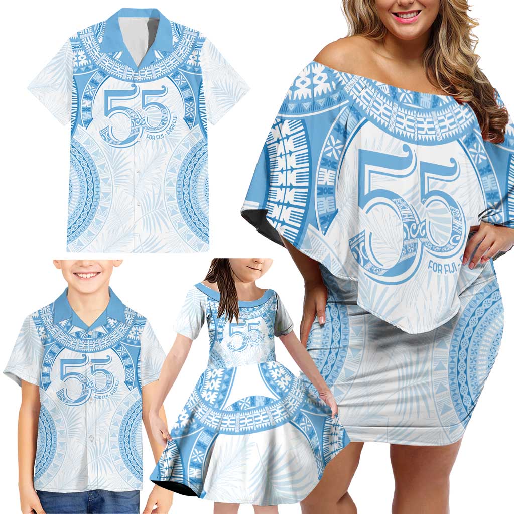Bula Fiji Day 55th Anniversary Masi Tapa Family Matching Off Shoulder Short Dress and Hawaiian Shirt Emerald Jubilee - Turquoise LT7 - Polynesian Pride
