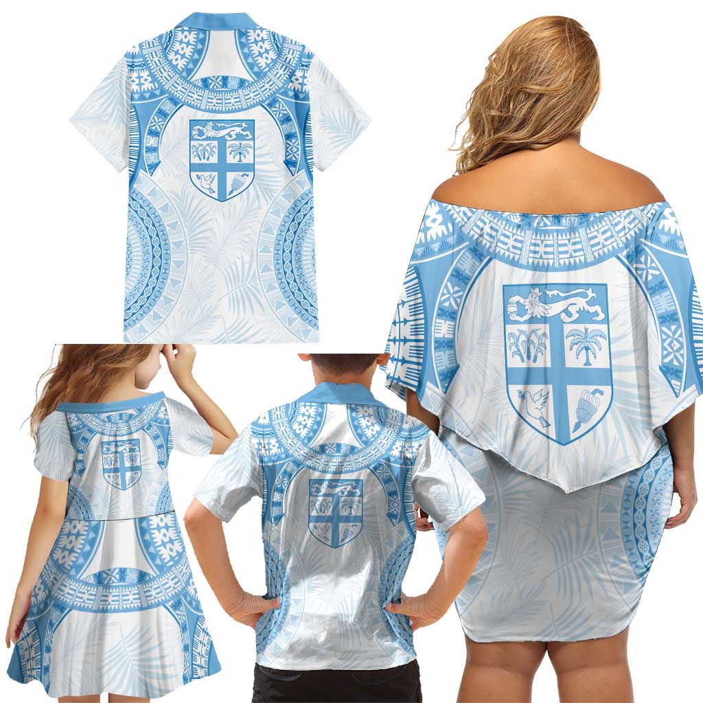 Bula Fiji Day 55th Anniversary Masi Tapa Family Matching Off Shoulder Short Dress and Hawaiian Shirt Emerald Jubilee - Turquoise LT7 - Polynesian Pride