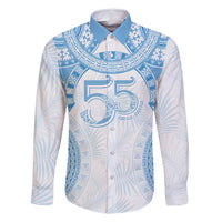 Bula Fiji Day 55th Anniversary Masi Tapa Family Matching Off Shoulder Short Dress and Hawaiian Shirt Emerald Jubilee - Turquoise LT7 Dad's Shirt - Long Sleeve Turquoise - Polynesian Pride