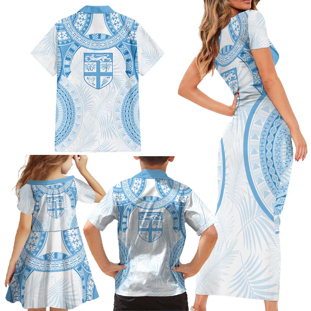 Bula Fiji Day 55th Anniversary Masi Tapa Family Matching Short Sleeve Bodycon Dress and Hawaiian Shirt Emerald Jubilee - Turquoise LT7 - Polynesian Pride