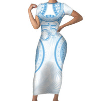Bula Fiji Day 55th Anniversary Masi Tapa Family Matching Short Sleeve Bodycon Dress and Hawaiian Shirt Emerald Jubilee - Turquoise LT7 Mom's Dress Turquoise - Polynesian Pride