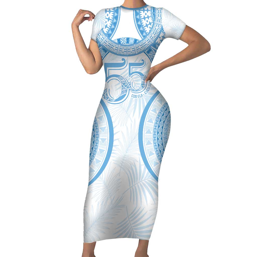Bula Fiji Day 55th Anniversary Masi Tapa Short Sleeve Bodycon Dress Emerald Jubilee - Turquoise LT7 Long Dress Turquoise - Polynesian Pride