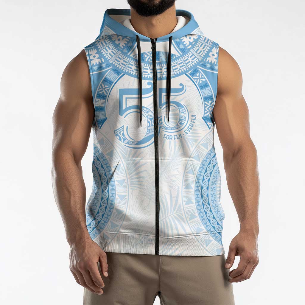 Bula Fiji Day 55th Anniversary Masi Tapa Sleeveless Zip Hoodie Emerald Jubilee - Turquoise - Polynesian Pride