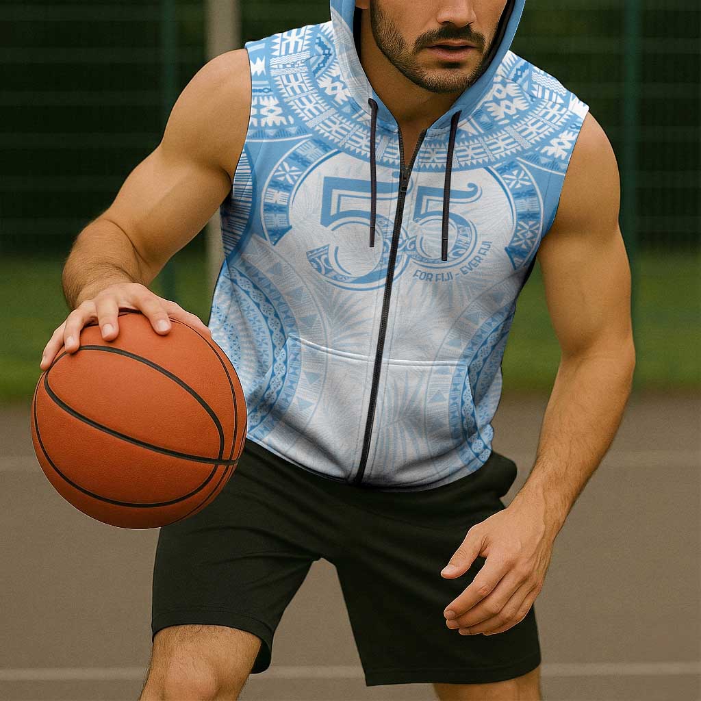 Bula Fiji Day 55th Anniversary Masi Tapa Sleeveless Zip Hoodie Emerald Jubilee - Turquoise - Polynesian Pride