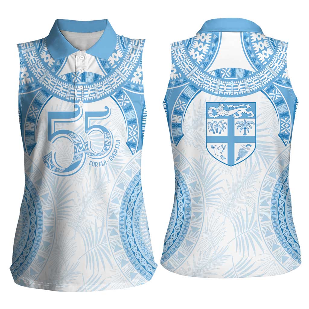 Bula Fiji Day 55th Anniversary Masi Tapa Women Sleeveless Polo Shirt Emerald Jubilee - Turquoise LT7 - Polynesian Pride