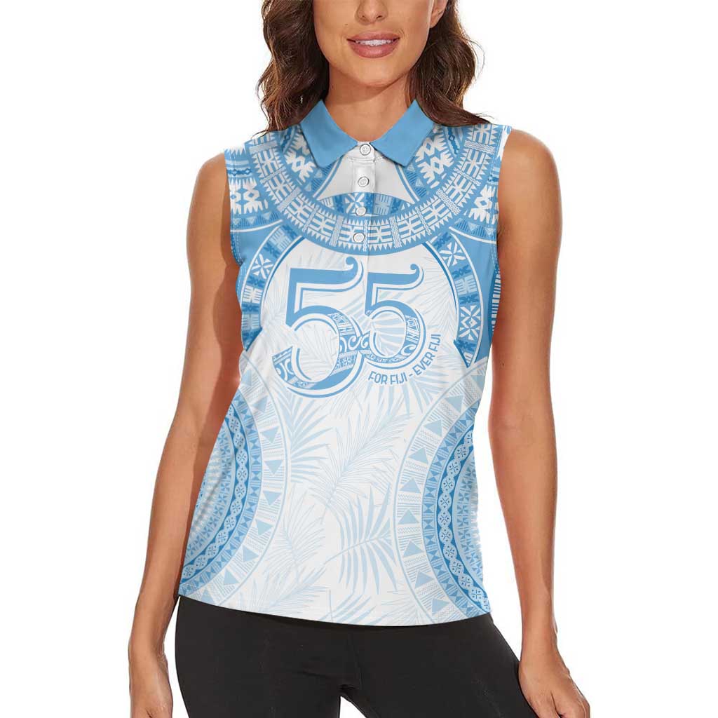 Bula Fiji Day 55th Anniversary Masi Tapa Women Sleeveless Polo Shirt Emerald Jubilee - Turquoise LT7 - Polynesian Pride