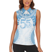 Bula Fiji Day 55th Anniversary Masi Tapa Women Sleeveless Polo Shirt Emerald Jubilee - Turquoise LT7 - Polynesian Pride