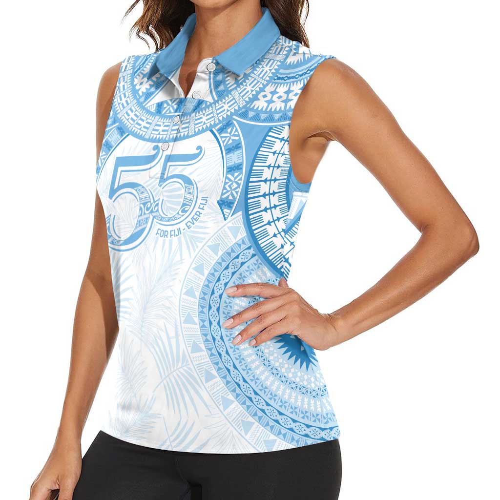 Bula Fiji Day 55th Anniversary Masi Tapa Women Sleeveless Polo Shirt Emerald Jubilee - Turquoise LT7 - Polynesian Pride