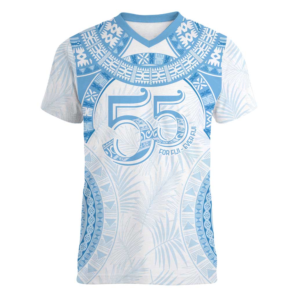 Bula Fiji Day 55th Anniversary Masi Tapa Women V-Neck T-Shirt Emerald Jubilee - Turquoise LT7 Female Turquoise - Polynesian Pride