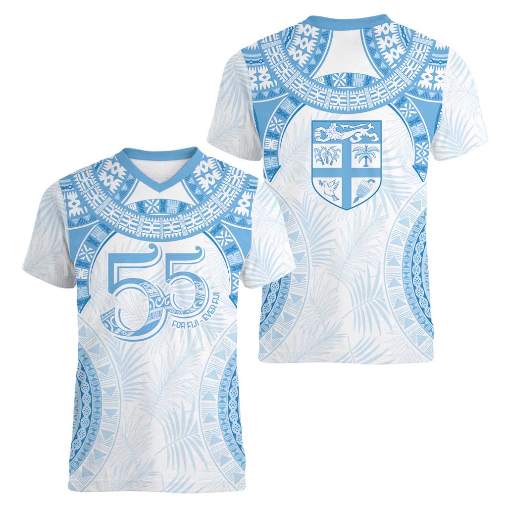 Bula Fiji Day 55th Anniversary Masi Tapa Women V-Neck T-Shirt Emerald Jubilee - Turquoise LT7 - Polynesian Pride
