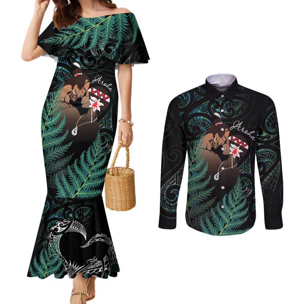 Maori Hongi Valentine Couples Matching Mermaid Dress and Long Sleeve Button Shirt Aroha Ahau Ki A Koe LT7 Emerald - Polynesian Pride