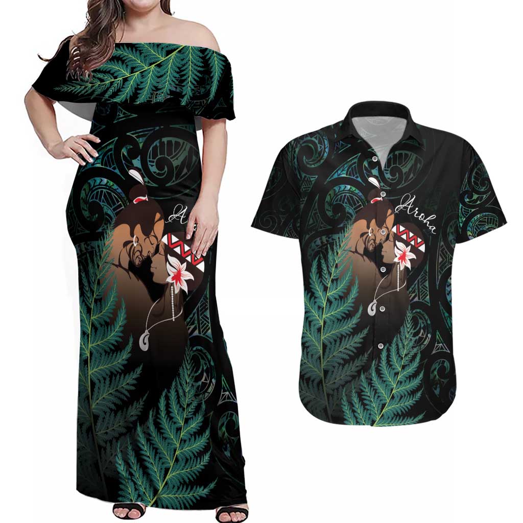 Maori Hongi Valentine Couples Matching Off Shoulder Maxi Dress and Hawaiian Shirt Aroha Ahau Ki A Koe LT7 Emerald - Polynesian Pride