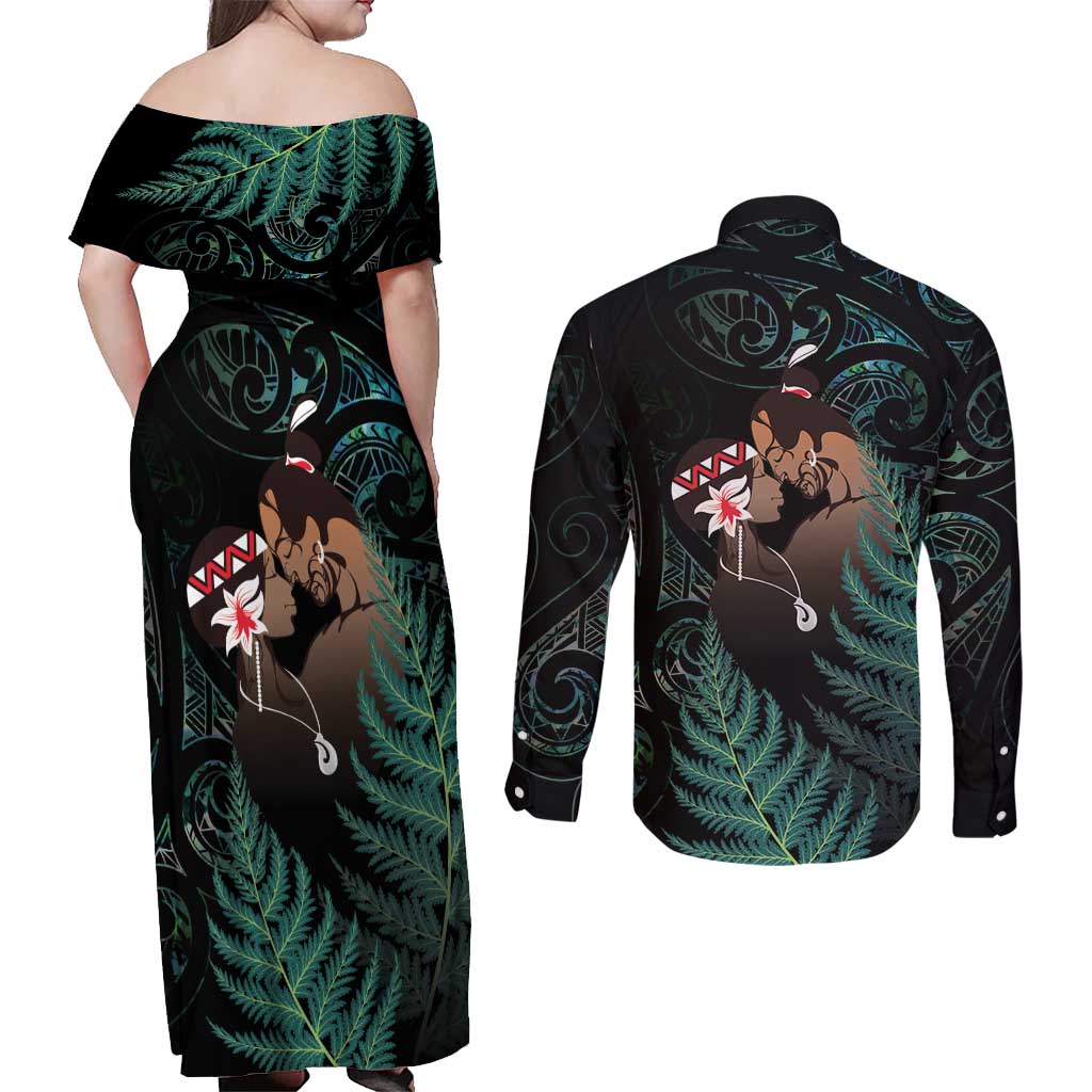 Maori Hongi Valentine Couples Matching Off Shoulder Maxi Dress and Long Sleeve Button Shirt Aroha Ahau Ki A Koe LT7 - Polynesian Pride