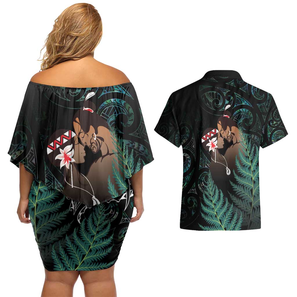 Maori Hongi Valentine Couples Matching Off Shoulder Short Dress and Hawaiian Shirt Aroha Ahau Ki A Koe LT7 - Polynesian Pride