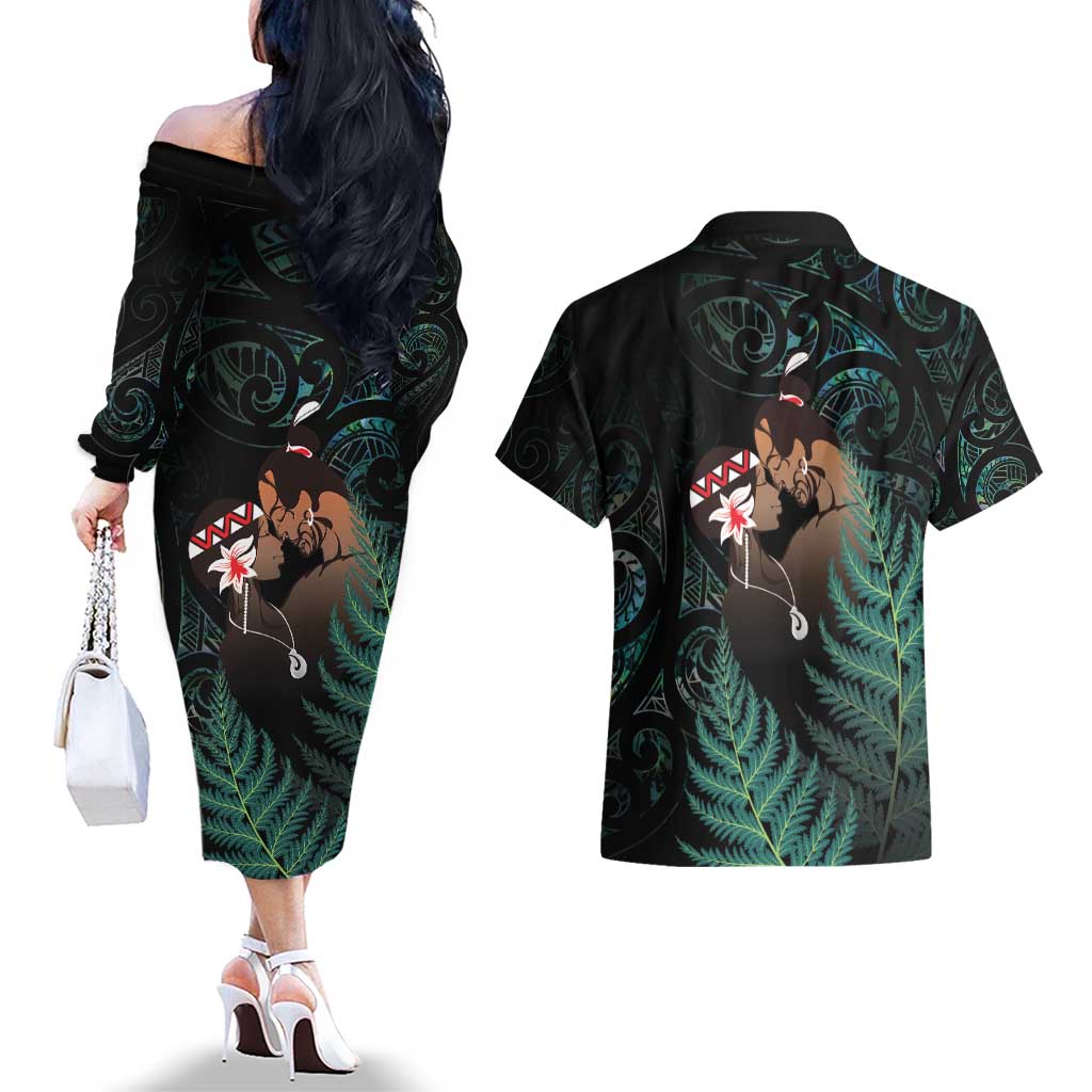 Maori Hongi Valentine Couples Matching Off The Shoulder Long Sleeve Dress and Hawaiian Shirt Aroha Ahau Ki A Koe LT7 - Polynesian Pride