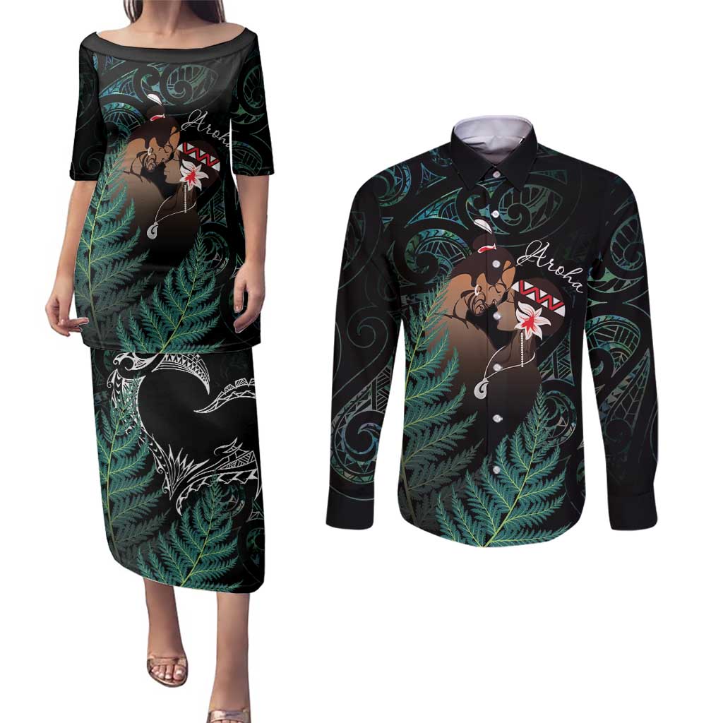 Maori Hongi Valentine Couples Matching Puletasi and Long Sleeve Button Shirt Aroha Ahau Ki A Koe LT7 Emerald - Polynesian Pride