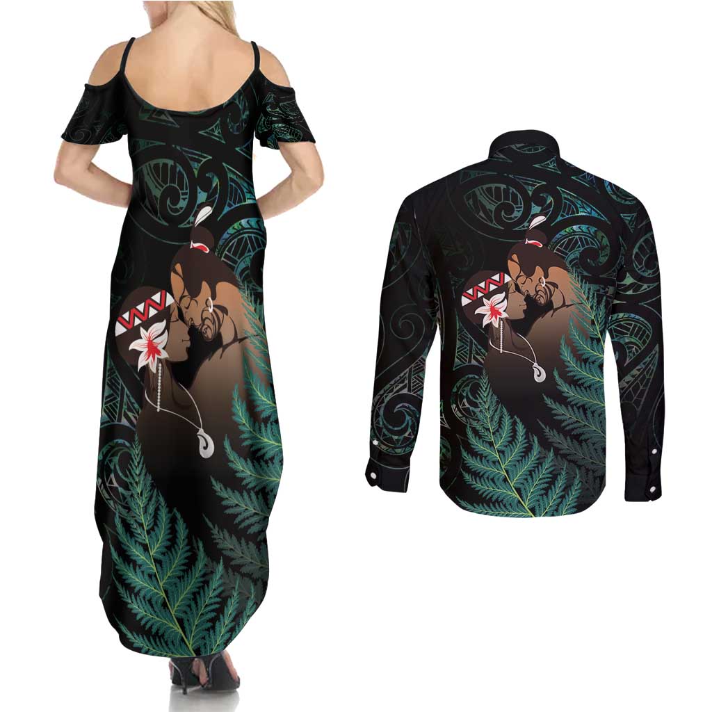 Maori Hongi Valentine Couples Matching Summer Maxi Dress and Long Sleeve Button Shirt Aroha Ahau Ki A Koe LT7 - Polynesian Pride