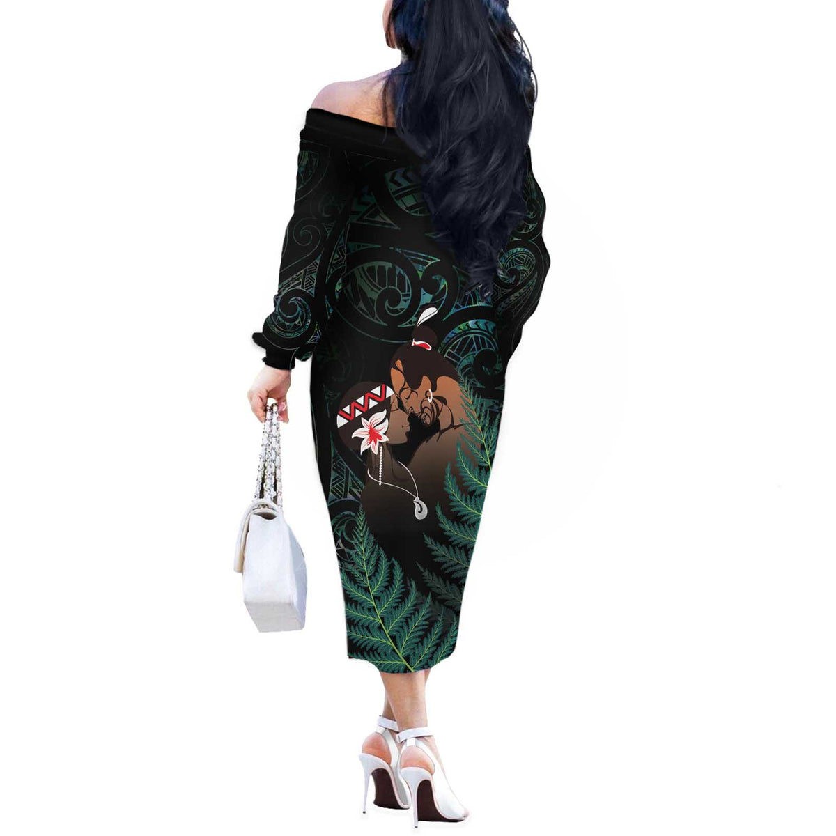 Maori Hongi Valentine Off The Shoulder Long Sleeve Dress Aroha Ahau Ki A Koe LT7 - Polynesian Pride