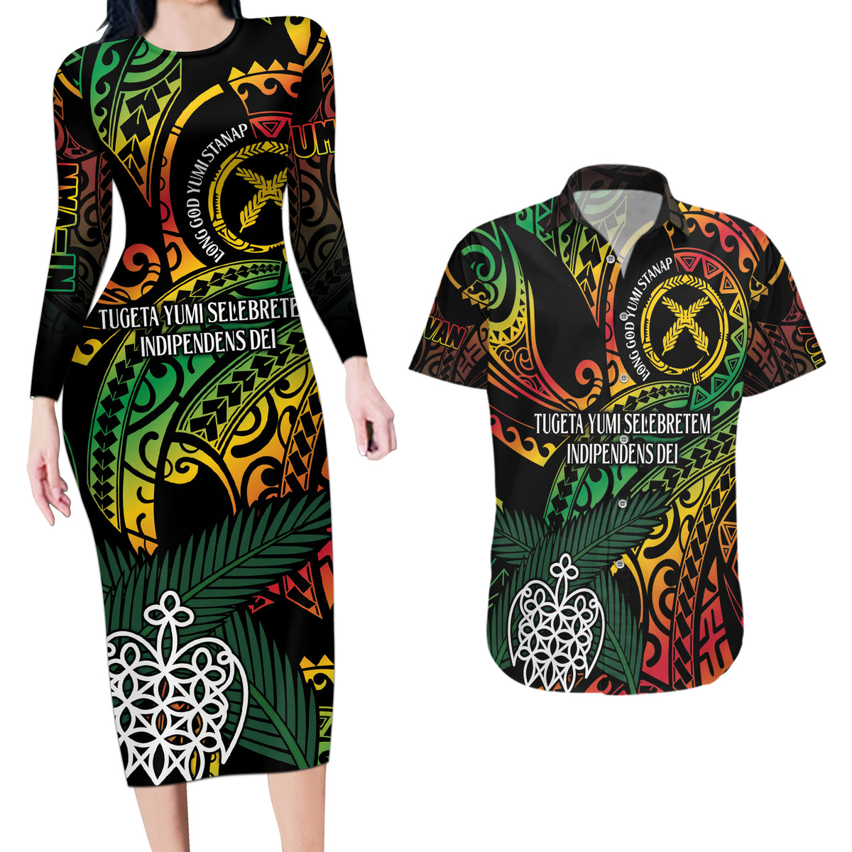 Vanuatu Indipendens Dei Couples Matching Long Sleeve Bodycon Dress and Hawaiian Shirt Mix Traditional Sand Drawing LT7 Colorful - Polynesian Pride