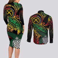 Vanuatu Indipendens Dei Couples Matching Long Sleeve Bodycon Dress and Long Sleeve Button Shirt Mix Traditional Sand Drawing LT7 - Polynesian Pride