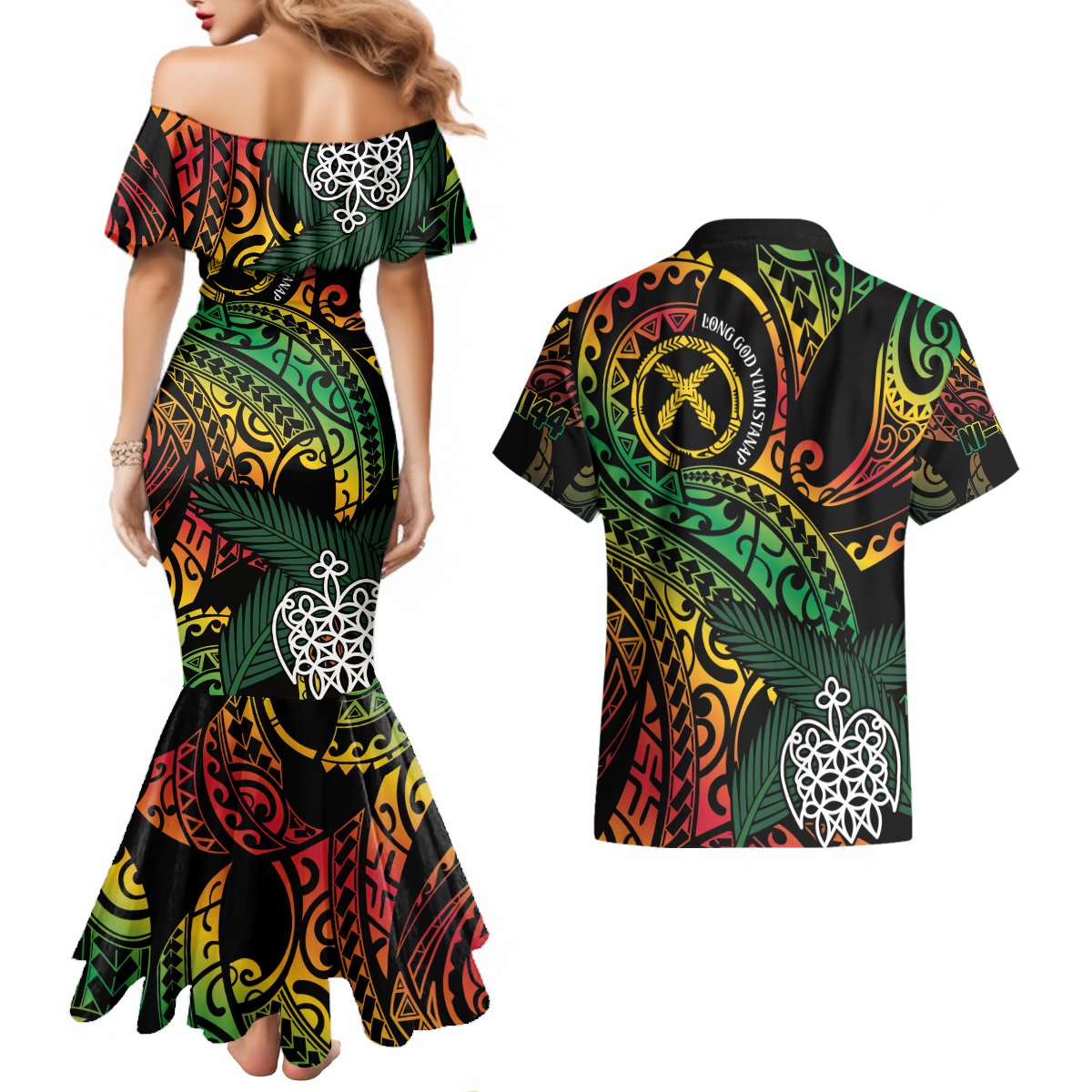 Vanuatu Indipendens Dei Couples Matching Mermaid Dress and Hawaiian Shirt Mix Traditional Sand Drawing LT7 - Polynesian Pride