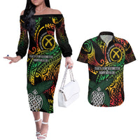 Vanuatu Indipendens Dei Couples Matching Off The Shoulder Long Sleeve Dress and Hawaiian Shirt Mix Traditional Sand Drawing LT7 Colorful - Polynesian Pride