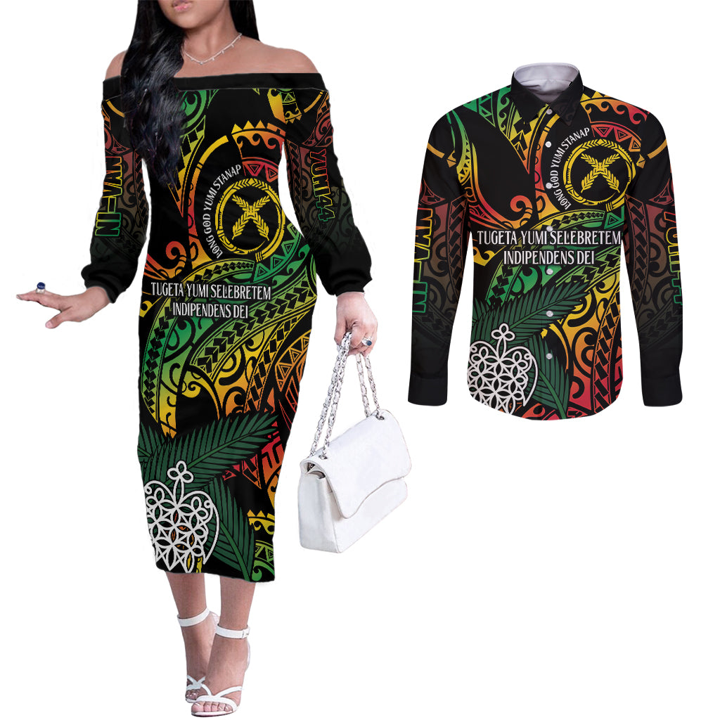 Vanuatu Indipendens Dei Couples Matching Off The Shoulder Long Sleeve Dress and Long Sleeve Button Shirt Mix Traditional Sand Drawing LT7 Colorful - Polynesian Pride