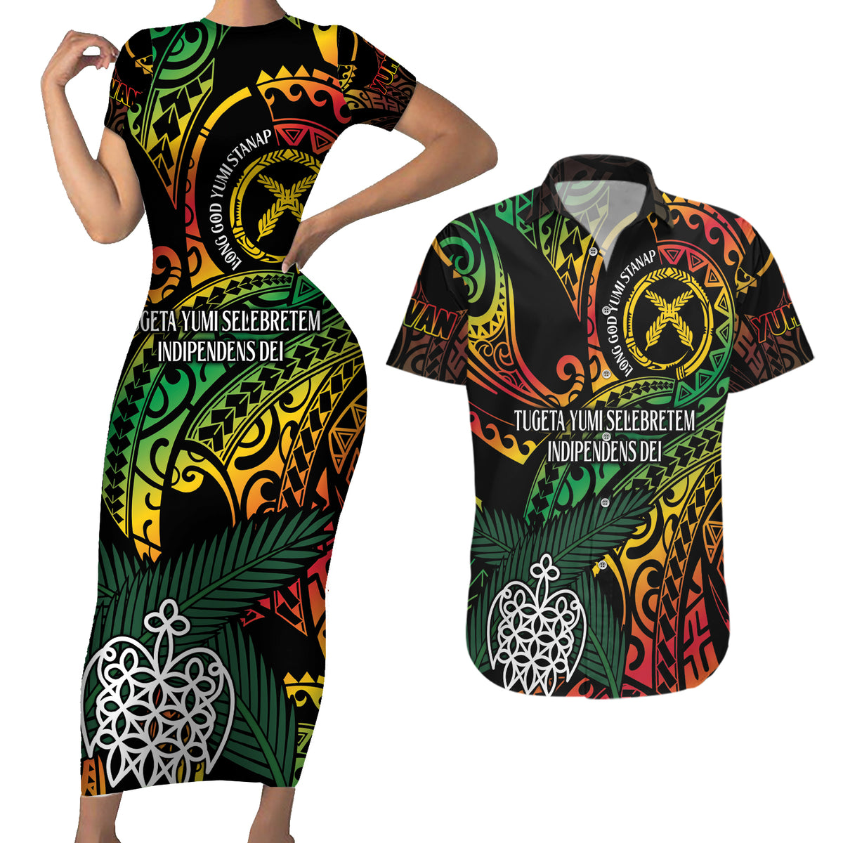 Vanuatu Indipendens Dei Couples Matching Short Sleeve Bodycon Dress and Hawaiian Shirt Mix Traditional Sand Drawing LT7 Colorful - Polynesian Pride