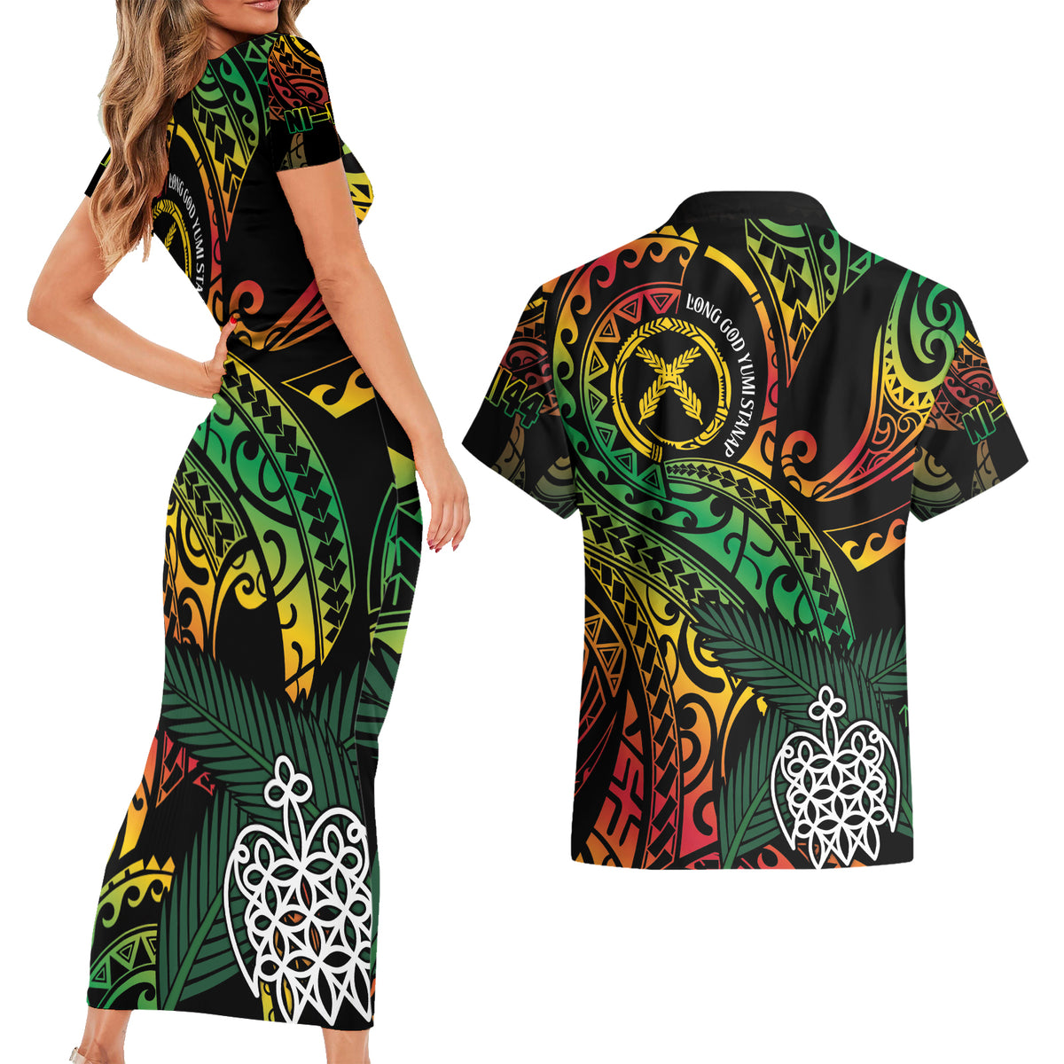Vanuatu Indipendens Dei Couples Matching Short Sleeve Bodycon Dress and Hawaiian Shirt Mix Traditional Sand Drawing LT7 - Polynesian Pride