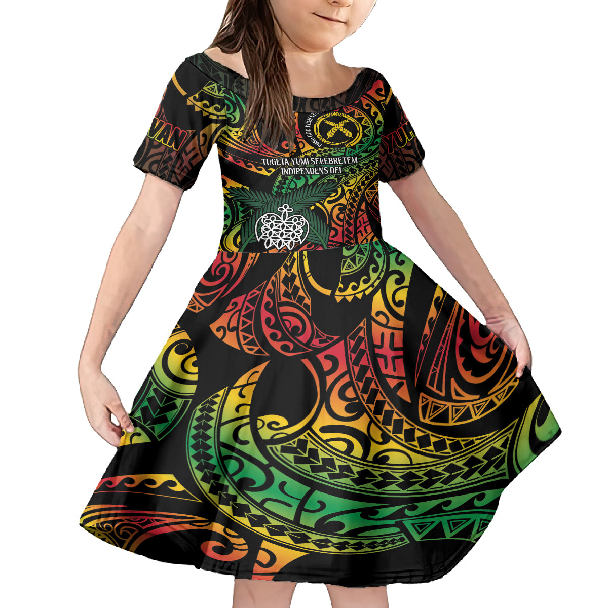 Vanuatu Indipendens Dei Family Matching Long Sleeve Bodycon Dress and Hawaiian Shirt Mix Traditional Sand Drawing LT7 Daughter's Dress Colorful - Polynesian Pride