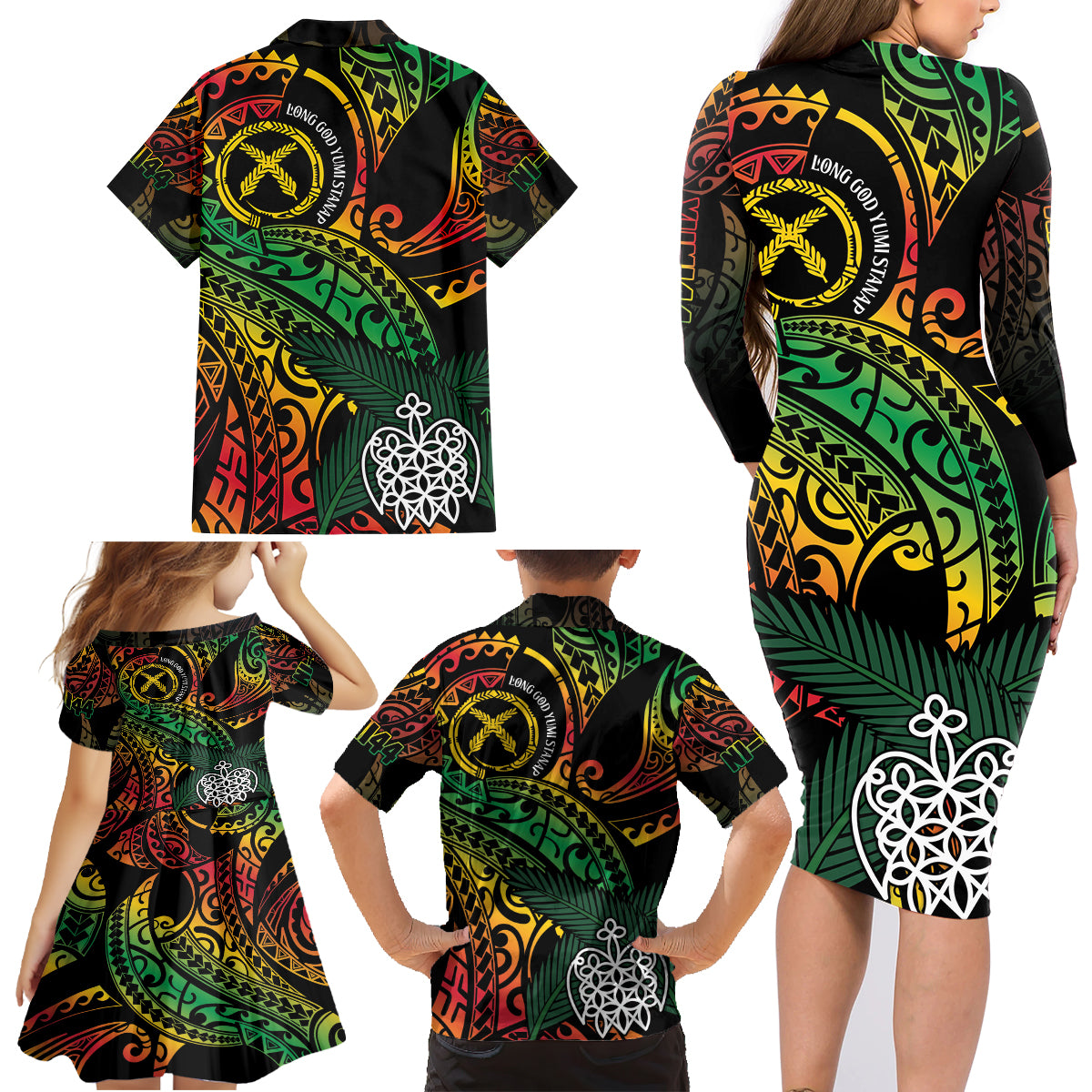 Vanuatu Indipendens Dei Family Matching Long Sleeve Bodycon Dress and Hawaiian Shirt Mix Traditional Sand Drawing LT7 - Polynesian Pride