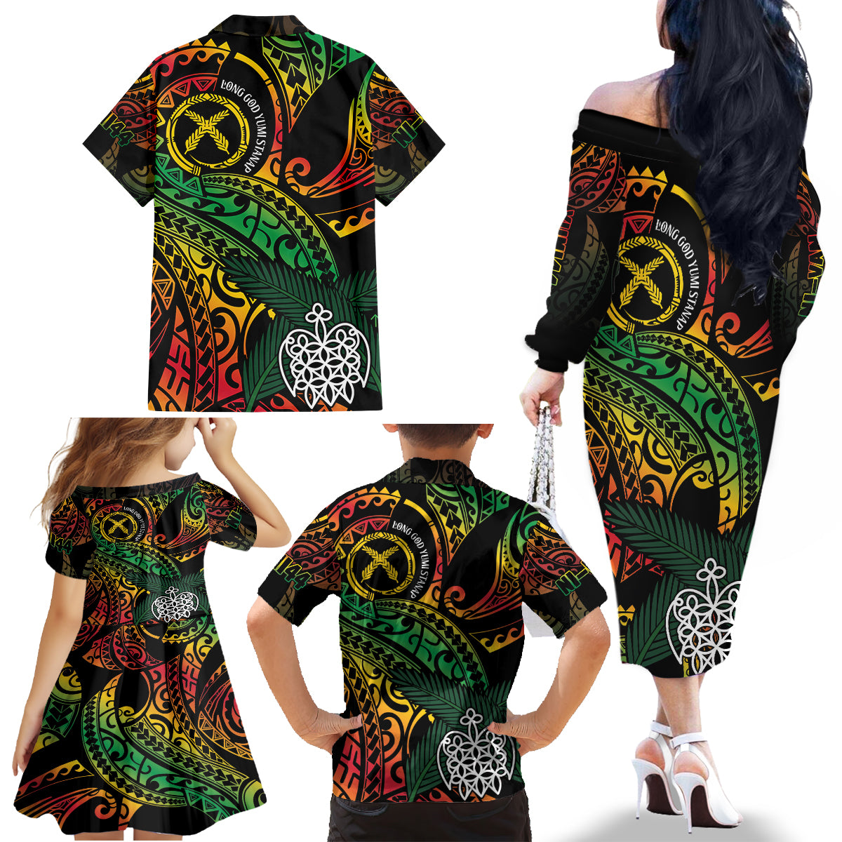 Vanuatu Indipendens Dei Family Matching Off The Shoulder Long Sleeve Dress and Hawaiian Shirt Mix Traditional Sand Drawing LT7 - Polynesian Pride